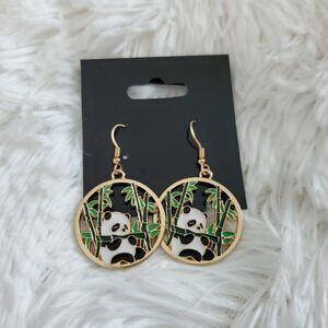 Gold Panda and Bamboo Charm Earrings